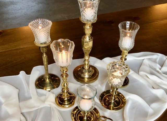 Vintage Brass Candles Sticks and Clear Votive Cups